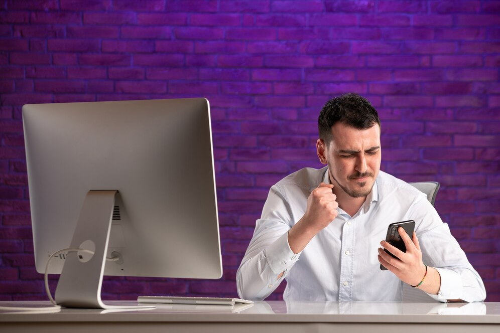 front view male office worker sitting his working place talking 179666 25489